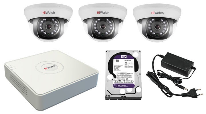 Комплект HD-TVI видеонаблюдения для квартиры:камеры DS-T201, четырехканальный видеорегистратор DS-H104Q,жесткий диск для записи 1ТБ,блок питания